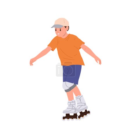 Healthy active boy child cartoon character wearing knee pads riding rollers exercising on street isolated on white. Cheerful male kid training on wheel shoe enjoying rollerskating vector illustration