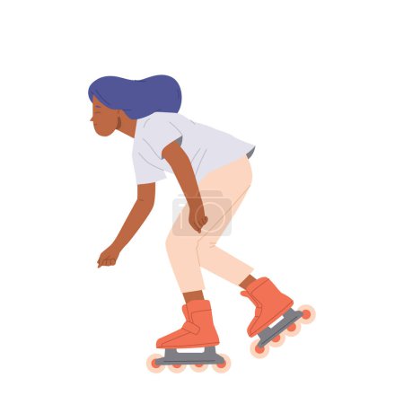 Teenager Mädchen Kind Zeichentrickfigur schnell fahren genießen extrem Speed-Rollschuhlaufen isoliert auf weiß. Sportliches Hobby, Jugendkultur und gesunder Lebensstil für Teenager