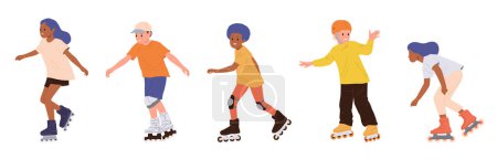 Happy active children cartoon characters riding roller-skates set isolated on white. Kids summer days fun time and sport activity outdoors vector illustration. Cheerful schoolkids on vacation