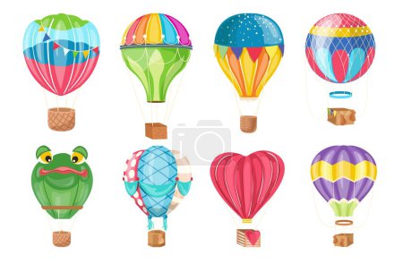 Lindos globos voladores infantiles coloridos con canasta de mimbre ilustración vectorial plana aislada en blanco. Transporte de aviones Doodle para viajes y viajes. Vehículo aerostático de diferentes formas