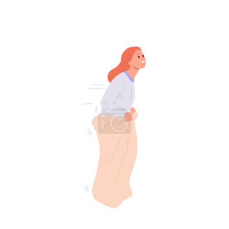 Ilustración de Mujer alegre personaje de dibujos animados aislados saltando rápido en saco participando en el concurso de festivales. Emocionado persona femenina disfrutando de juego tradicional en movimiento en carrera al aire libre con bolsas de ilustración vectorial - Imagen libre de derechos