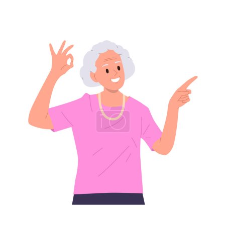 Positive elderly woman cartoon character gesturing ok sign and pointing finger aside recommending something approving and expressing pleasure vector illustration isolated on white background
