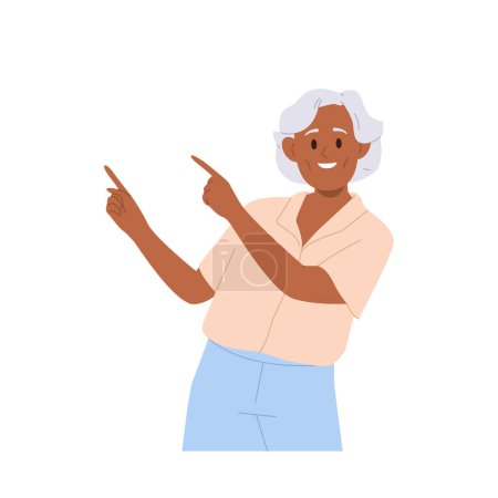 Positive elderly woman cartoon character standing with pointing gesture indicating aside with fingers vector illustration. Mature female pensioner recommending, advertising or promoting something