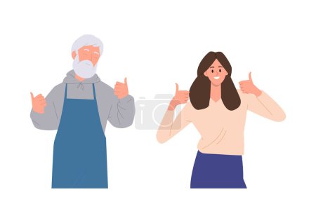Senior man and young woman cartoon characters gesturing like okay thumbsup hand sign expressing agreement approving good quality or recommending something vector illustration. Positive emotions