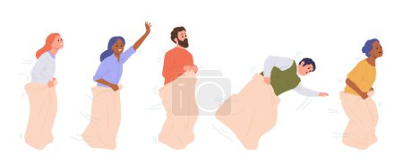 Ilustración de Personajes de dibujos animados adultos felices saltando con bolsa de arpillera disfrutando de una carrera de sacos celebrando un juego deportivo aislado sobre fondo blanco. Tiempo alegre divertido recreación actividad vector ilustración - Imagen libre de derechos