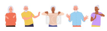 Elderly people cartoon character demonstrating negative, refuse, deny, stop and timeout gesture isolated set on white. Old male and female pensioner expression, body language vector illustration