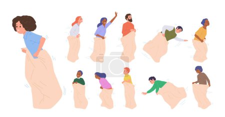 Ilustración de Personajes de dibujos animados de personas felices de diferentes edades que participan en la competencia de sacos de carreras conjunto aislado en blanco. Juego deportivo, entretenimiento hobby y diversión de ocio vector de la actividad ilustración - Imagen libre de derechos