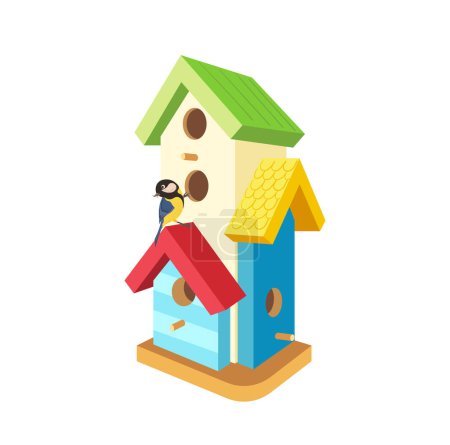 Cute small titmouse with yellow plumage sitting on multicolored wooden birdhouse isolated on white background. Craft natural wintering home for wild garden fauna vector illustration cartoon design