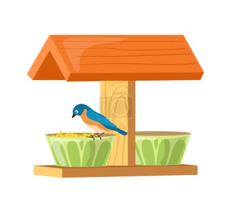 Pequeño pájaro comiendo semillas de cuenco de cerámica en madera artesanal alimentador de aves aislado en blanco. Caja de reutilización al aire libre para alimentar la ilustración del vector de aves invernantes. Concepto de cuidado ambiental y fauna