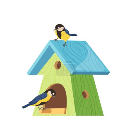 Colorida casa de pájaro titmouse de madera para invernada ilustración vectorial de dibujos animados aislados sobre fondo blanco. Pájaro artesanal de temporada casero para vivir, alimentarse y cuidar durante el invierno