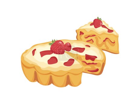 Traditional strawberry pie and piece portion with fresh berry and sweet cream isolated on white background. National holiday or birthday cake vector illustration. Delicious tasteful pastry cartoon