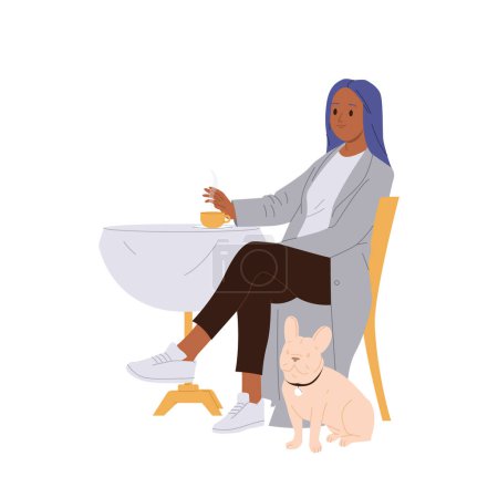Moda mujer de moda personaje de dibujos animados aislados con perro lindo pug visitar la cafetería que admite mascotas sentado en la mesa de escritorio beber café y relajante ilustración vectorial. Servicio orientado al cliente