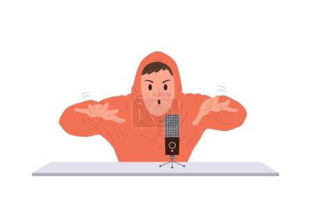 Teenage boy asmr artist cartoon character voicing villain making scary sounds in studio microphone vector illustration isolated on white background. Male performer recording audio dubbing monster