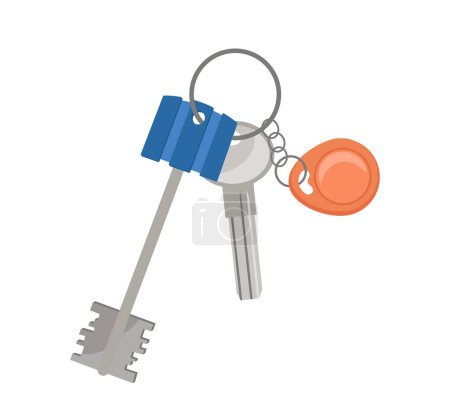Porte-clés avec breloque d'accès métallique et illustration vectorielle des clés d'entrée et de porte d'appartement. Accessoire d'accès privé de sécurité suspendu sur anneau en acier dessin animé isolé sur fond blanc