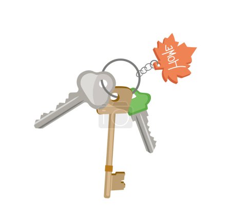 Apartment door keys bunch on holder with cute maple leaf and lettering home word cartoon vector illustration. Keyholder with keychain and leather trinket souvenir isolated on white background