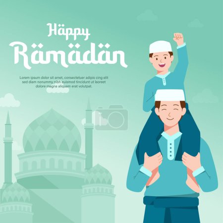 Illustration for Happy ramadan, dad and his son go to mosque illustration - Royalty Free Image