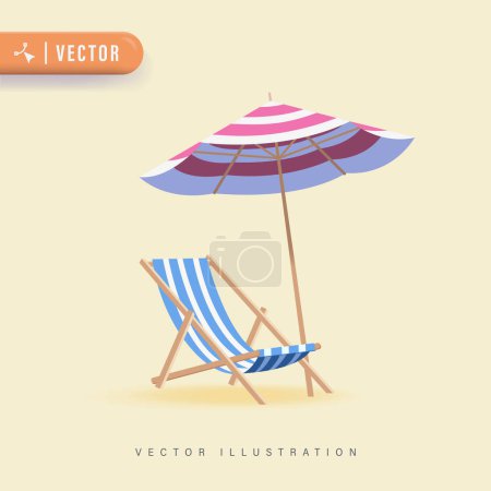 3D Realistic vector vacation icon beach sunbed with umbrella, wooden deck chair. Summertime relax. Sun lounger. Beach umbrella, beach chair.