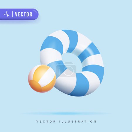 Rayas realistas 3D Lifebuoy y bola de playa Vector Illustration. Lifebuoy Icon in Isolated Background (en inglés). Anillo de natación