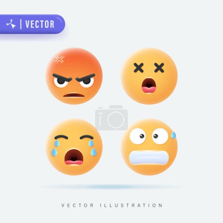 Téléchargez les illustrations : Emojis et émoticônes face ensemble vecteur. Émoticône de visages jaunes mignons avec diverses expressions isolées en arrière-plan blanc. Illustration vectorielle. Set Icône sourire Emoji - en licence libre de droit