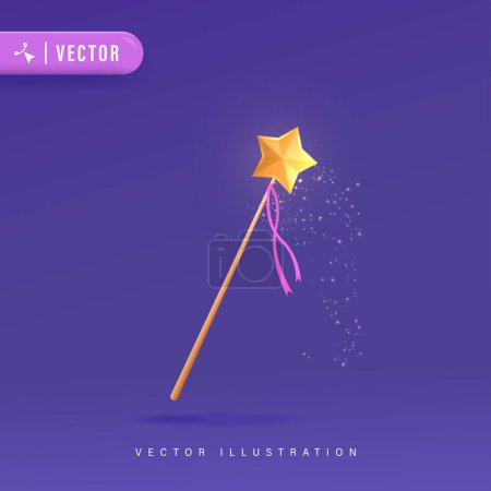 Téléchargez les illustrations : Baguette magique dorée réaliste 3D avec étoile isolée sur fond violet Illustration vectorielle de conception. - en licence libre de droit