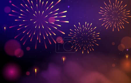 Photo for Festival Fireworks Frame. Bright Crackers Lights in Starry Night Sky. Firework Banner Vector Illustration. Brightly Colorful Fireworks on Twilight Background - Royalty Free Image