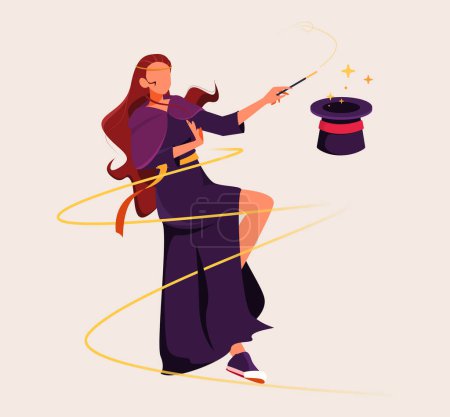 Female Magician Playing With Hat Vector Illustration, Woman Witch Wearing Purple Suit Robe Flat Design