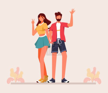 De pie masculino y femenino con posturas de bienvenida y gesto Vector Ilustración, Hombre y mujer Hello Gesture diseño plano