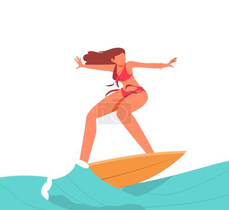 Ilustración de Atractiva mujer afroamericana más surf de tamaño. Concepto positivo del cuerpo femenino de verano. Ilustración de vector de estilo plano. Surfista chica monta las olas Vector plano - Imagen libre de derechos