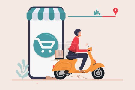 Photo for Fast delivery by scooter on mobile. E-commerce concept. Online food order infographic. Webpage, app design, delivery order app on a smartphone tracking a delivery man on a moped with a ready meal, - Royalty Free Image