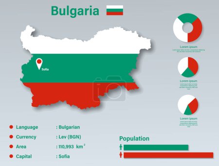 Téléchargez les illustrations : Illustration vectorielle d'infographie de Bulgarie, élément de données statistiques de Bulgarie, panneau d'information de Bulgarie avec la carte de drapeau, conception plate de drapeau de carte de Bulgarie - en licence libre de droit