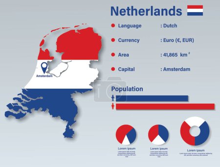 Téléchargez les illustrations : Illustration vectorielle d'infographie des Pays-Bas, élément de données statistiques des Pays-Bas, tableau d'information des Pays-Bas avec carte du drapeau, conception plate de drapeau de carte des Pays-Bas, informations néerlandaises - en licence libre de droit