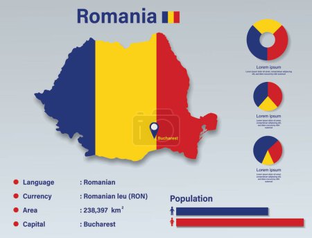 Illustration for Romania Infographic Vector Illustration, Romania Statistical Data Element, Romania Information Board With Flag Map, Romania Map Flag Flat Design - Royalty Free Image