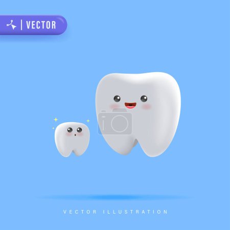 3D Realistic Baby Tooth Character with Mom Tooth Smiling over Blue Isolated Background. Suitable for Dental Kids Clinic