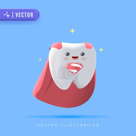 Superhero Tooth with Red Cloak Character Vector Illustration. Cute Smiling Tooth Cartoon suitable for Children Dental Clinic Poster. Cute Dentist Mascot Poster