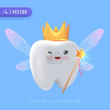 Zahnfee Vector Cartoon Illustration. Niedliche Zahnfee trägt Krone und hält einen magischen Zauberstab in der Hand