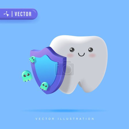 3D réalistes dents saines et mignonnes personnage de bande dessinée tenant bouclier contre les germes et l'illustration vectorielle microbe. Concept de protection anti-carie