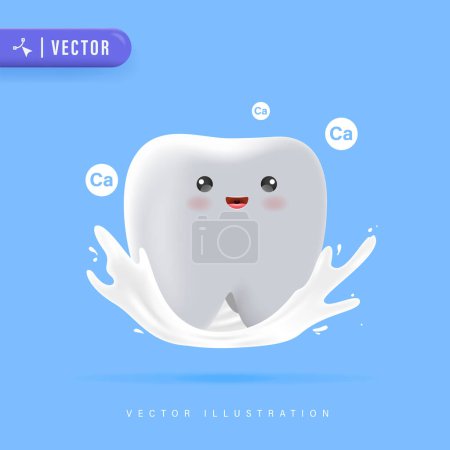 Happy and Healthy Tooth 3D Character Smiling mit Milk Splash und Calcium Particles Vector Illustration. Geeignet für Kinder Zahnklinik Poster