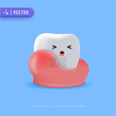 3D Cute Cartoon Tooth Character with Gum Problem  Vector Illustration. Swolen Gum Concept. Illustrstion of Gum Disease. Periodontal Disease. Periodontitis Disease