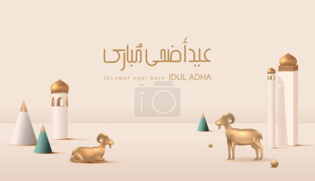 Ilustración de Eid Al Adha Banner Design Vector Illustration. Fondo islámico y árabe para el Festival de la Comunidad Musulmana. Vacaciones musulmanas. 3D moderno islámico adecuado para Ramadán, Raya Hari, Eid al Adha y Mawlid. - Imagen libre de derechos