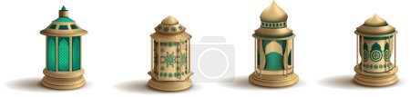 3D Realistic Arabic Gold Vintage Lantern Set Vector Illustration