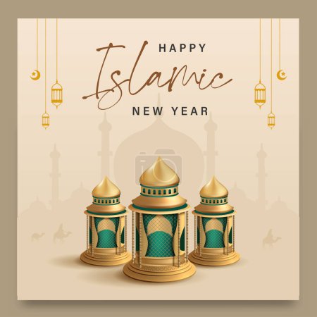 Translation: Happy Islamic New Year 1444.Islamic Greeting Card Concept with Arabic Lantern Design Vector Illustration. Happy New Hijri Year with Calligraphy  Template. Happy Muharram Poster.Ashura Day