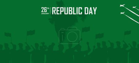 India Republic Day Poster with Silhouette People Raising Indian Flag Vector Illustration.