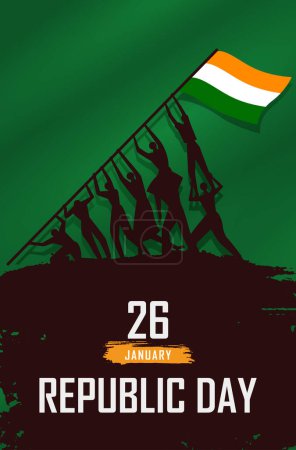 India Republic Day Poster with Silhouette People Raising Indian Flag Vector Illustration.