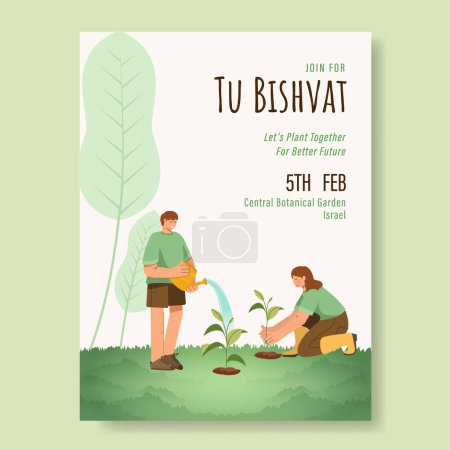 Translation : Happy Tu Bishvat. Youth Character Planting Tree on Tu Bishvat Day Vector Illustration. Jewish Holiday, New Year for Trees