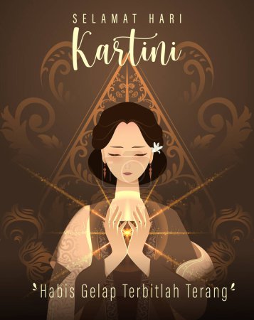 Selamat Hari Kartini signifie Joyeuse journée Kartini. Kartini est une héroïne indonésienne. Habis gelap terbitlah terang signifie Après l'obscurité vient la lumière. Illustration vectorielle.