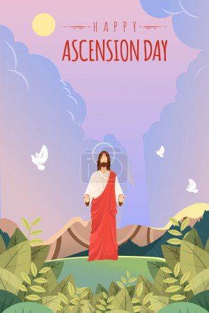 Illustration for Happy Ascension Day Design with Jesus Christ in Heaven Vector Illustration.  Illustration of resurrection Jesus Christ. Sacrifice of Messiah for humanity redemption. - Royalty Free Image