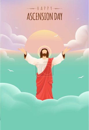 Illustration for Happy Ascension Day Design with Jesus Christ in Heaven Vector Illustration.  Illustration of resurrection Jesus Christ. Sacrifice of Messiah for humanity redemption. - Royalty Free Image