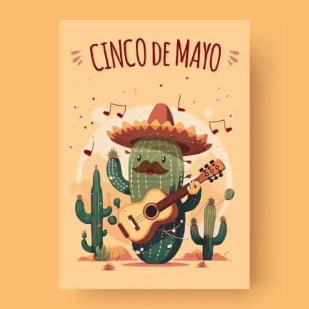 Cinco de Mayo bedeutet 5 Mei, ein Festival in Mexiko. Eine Kaktusfigur, die Gitarre spielt und Sombrero-Hut trägt