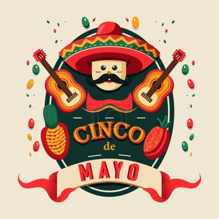 Cinco de Mayo signifie 5 Mei, un festival au Mexique. Un personnage de cactus jouant de la guitare portant un chapeau Sombrero Illustration vectorielle
