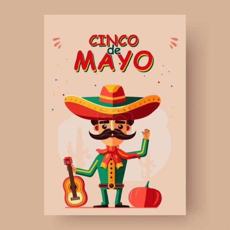 Cinco de Mayo bedeutet 5 Mei, ein Festival in Mexiko. Eine Kaktusfigur, die Gitarre spielt und Sombrero-Hut trägt